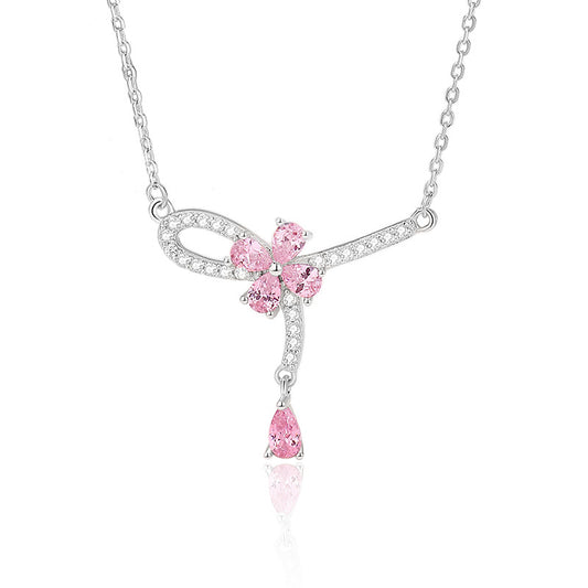 “Pink Petal Tassel” S925 Sterling Silver Floral Pendant Necklace