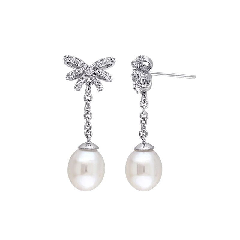"Ribbon Pearl" 925 Sterling Silver Bow & Pearl Drop Earrings