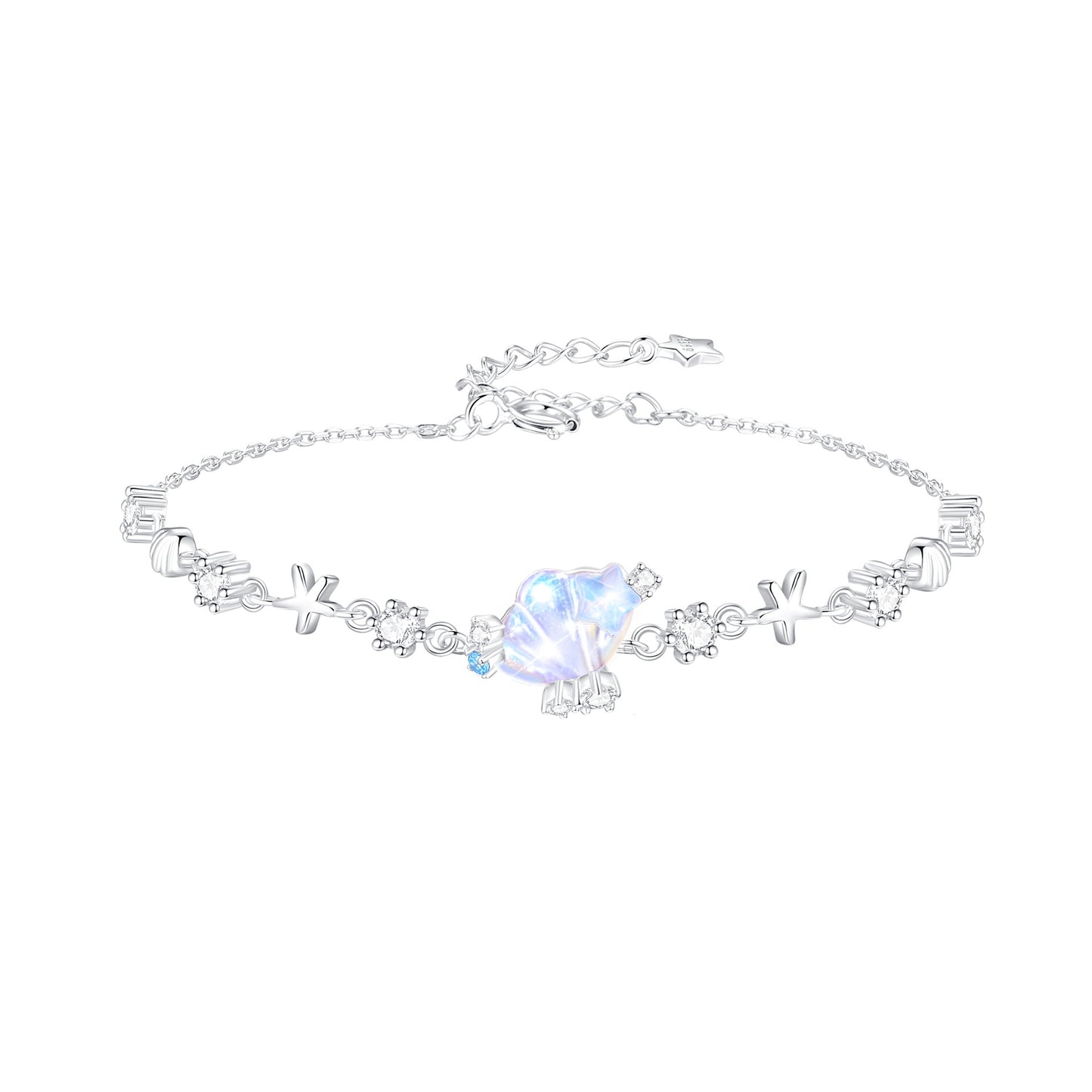 “Tidal Glow” S925 Sterling Silver Opalescent Shell & Starfish Jewelry Set (Necklace & Bracelet)