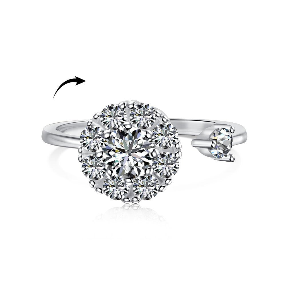 “Golden Bloom Whisper” 925 Sterling Silver Rotating Halo Open Ring