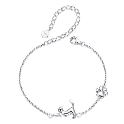 "Lazy Stretch Cat" 925 Sterling Silver Bracelet – White Gold Plated