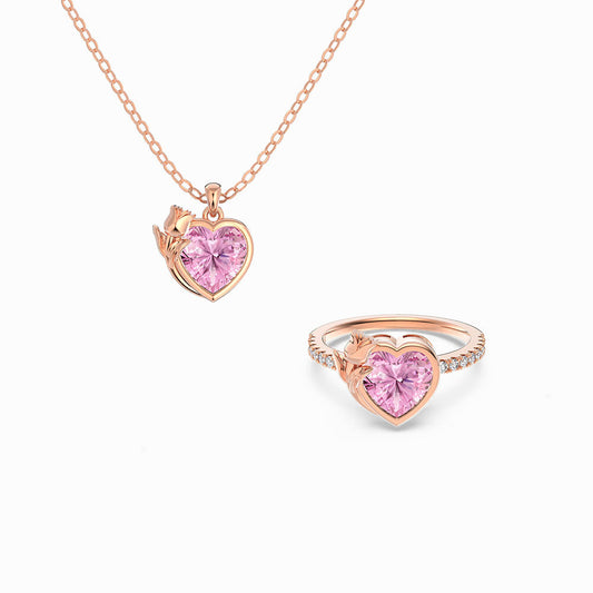 “Blush Rose Vow” 925 Sterling Silver 5A Cubic Zirconia Heart Necklace & Ring Set