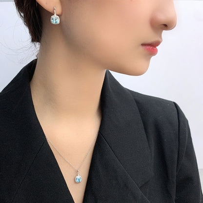 “Ocean Lumière” 925 Sterling Silver Blue Zircon Halo Jewelry Set