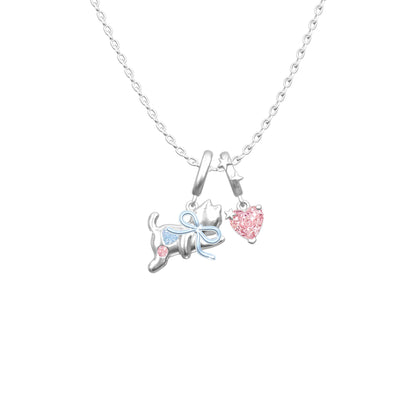 “Dreamcatcher Kitty” 925 Sterling Silver Pink Heart Bow Cat Jewelry Set