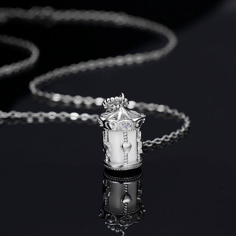 "Carousel Charm" 925 Sterling Silver Necklace – Rotating Horse, White Gold Plated