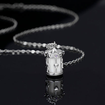 "Carousel Charm" 925 Sterling Silver Necklace – Rotating Horse, White Gold Plated