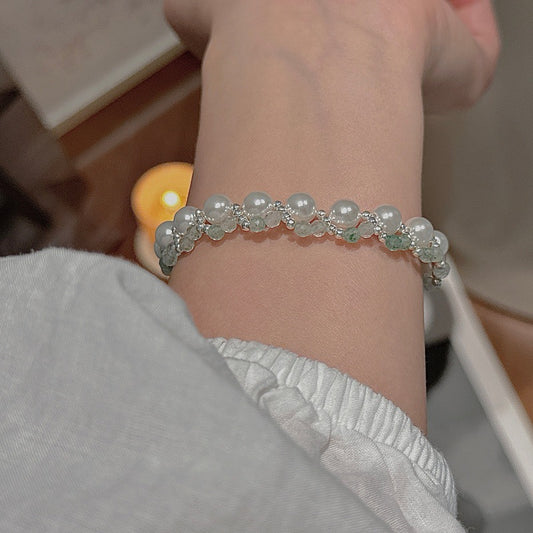 “Verdant Pearl Weave” S925 Sterling Silver Pearl Beaded Bracelet
