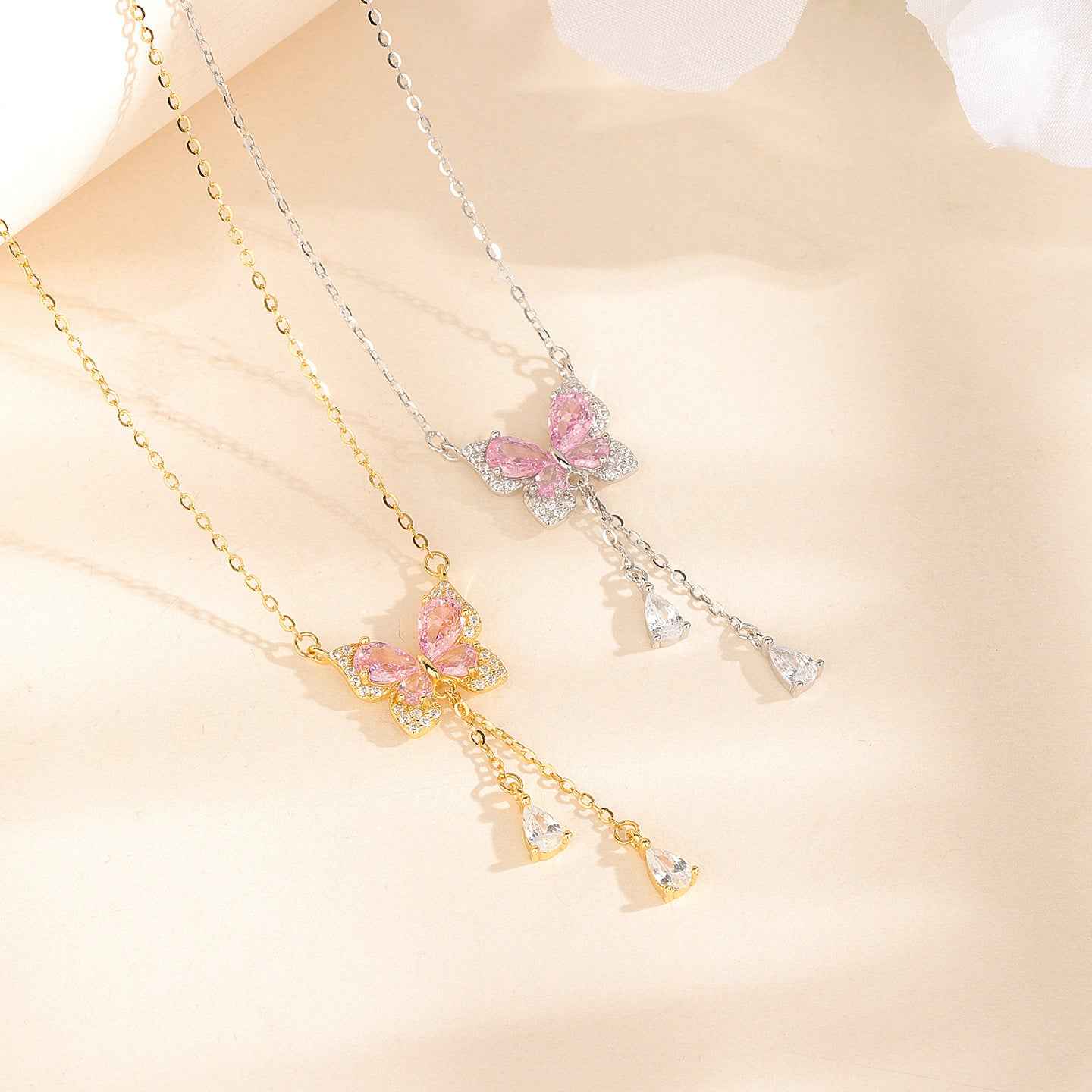 “Blush Flutter” 925 Sterling Silver Pink Butterfly Tassel Necklace