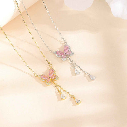 “Blush Flutter” 925 Sterling Silver Pink Butterfly Tassel Necklace