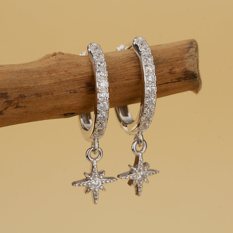 "Polar Star" 925 Sterling Silver Pavé Hoop Drop Earrings