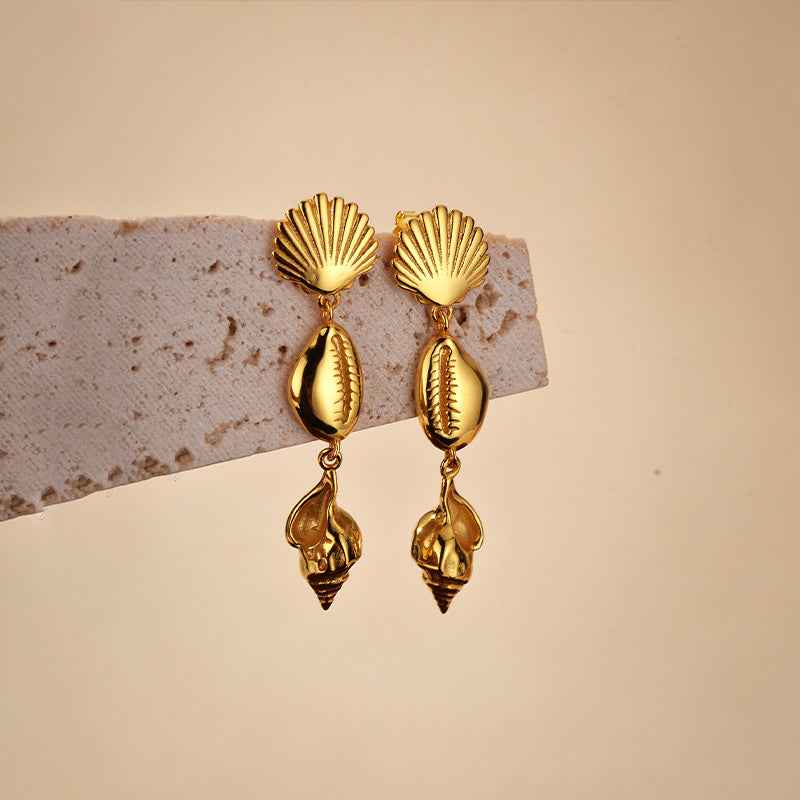 "Golden Seashell Symphony" 18K Gold-Plated 925 Sterling Silver Drop Earrings