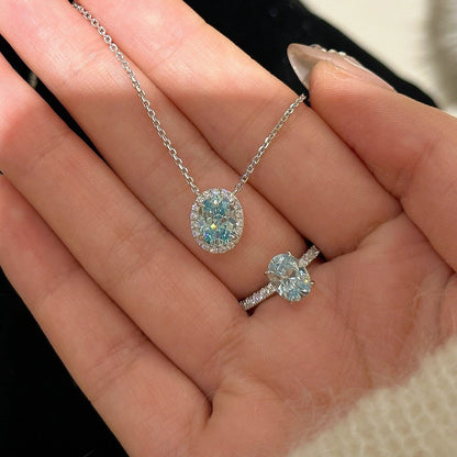 "Blue Horizon" S925 Sterling Silver Oval Zircon Necklace & Ring Set