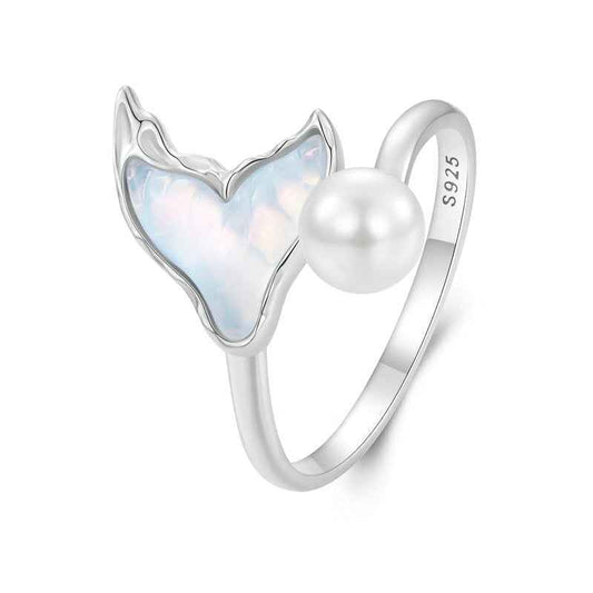 “Iridescent Tide” 925 Sterling Silver Mermaid Tail Pearl Adjustable Open Ring