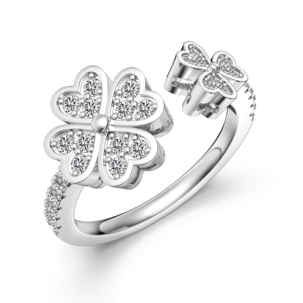 “Clover Serenade” 925 Sterling Silver Heart Clover Open Ring