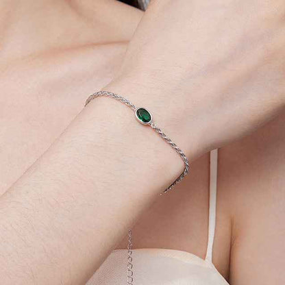 “Verdant Line” 925 Sterling Silver Green Zircon Chopin Chain Adjustable Bracelet