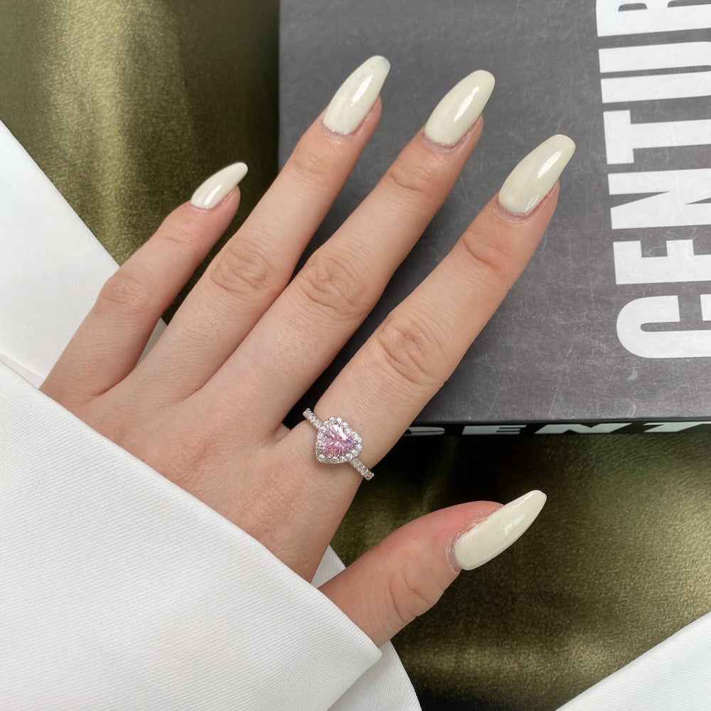 “Blush Radiance” 925 Sterling Silver Pink Heart Halo Pavé Ring