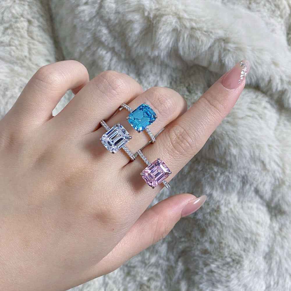 “Crystal Aurora” 925 Sterling Silver Emerald-Cut Color Zircon Ring