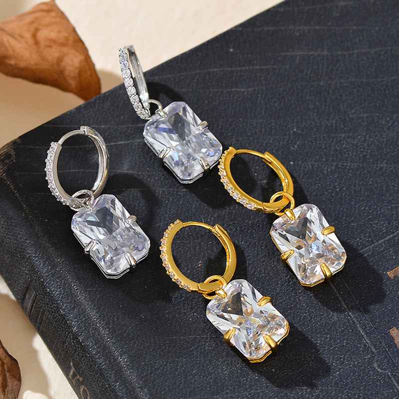 “Radiant Frame” 925 Sterling Silver Cushion-Cut Zircon Drop Hoop Earrings