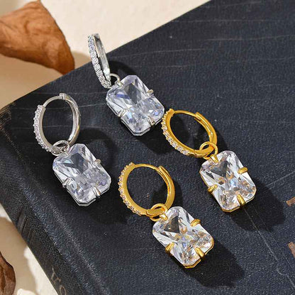 “Radiant Frame” 925 Sterling Silver Cushion-Cut Zircon Drop Hoop Earrings