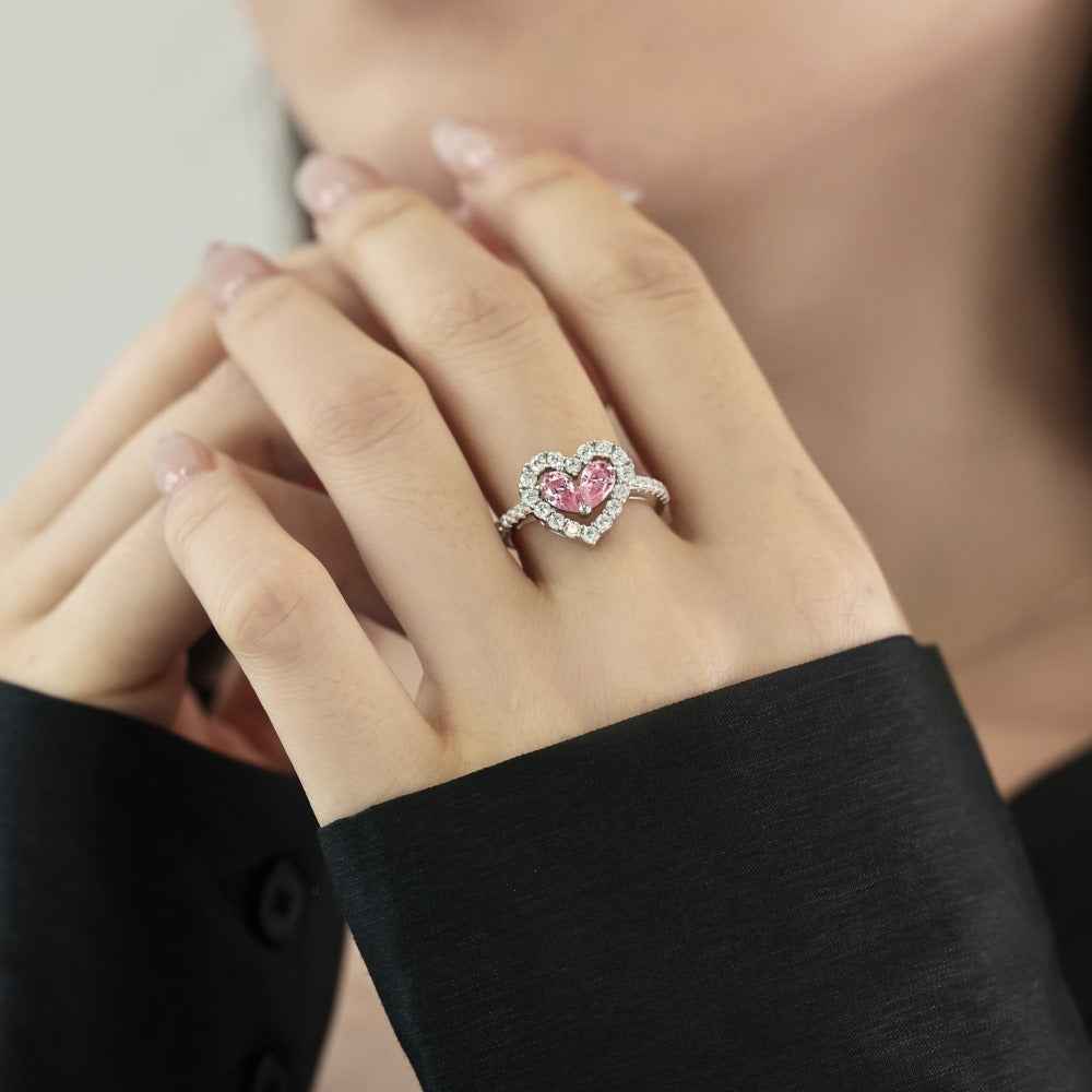 “Twin Blush Halo” 925 Sterling Silver Pink Double-Heart Ring