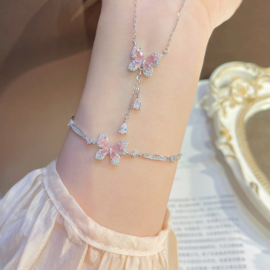 “Pink Flutter” S925 Sterling Silver Pavé Butterfly Bracelet