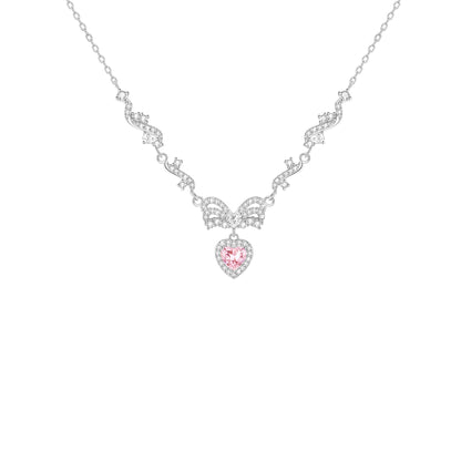 “Ballet Sweetheart” S925 Sterling Silver Pink Heart Bow Necklace