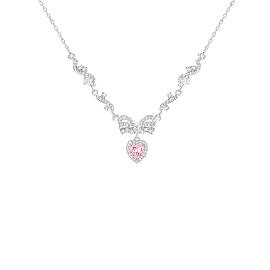 “Ballet Sweetheart” S925 Sterling Silver Pink Heart Bow Necklace