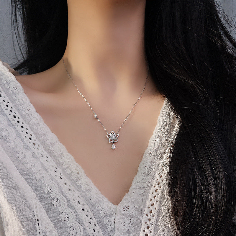 “Starlit Dew” S925 Sterling Silver Star Drop Necklace
