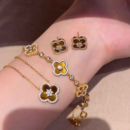 “Tiger Clover Radiance” 925 Sterling Silver Tiger Eye Four-Leaf Clover Jewelry Set