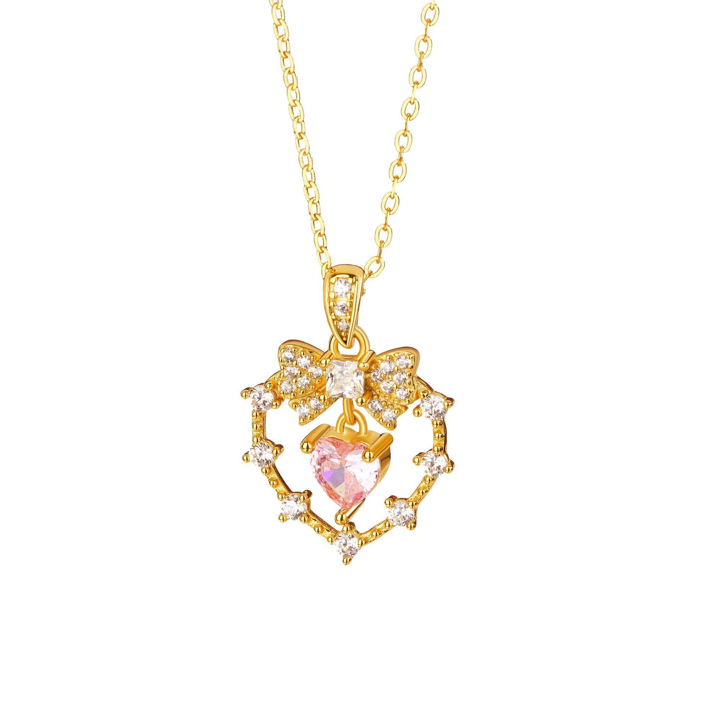 “Velour Knot” S925 Sterling Silver Pink Heart Bow Necklace
