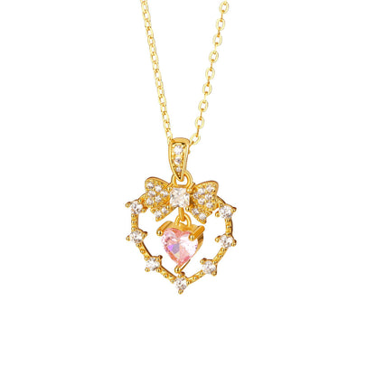 “Velour Knot” S925 Sterling Silver Pink Heart Bow Necklace