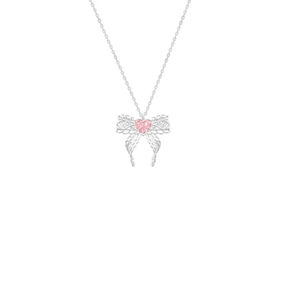 Lace Rosé Bow 925 Sterling Silver Pink Crystal Bow Necklace
