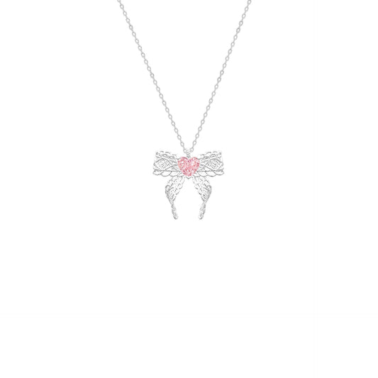 Lace Rosé Bow 925 Sterling Silver Pink Crystal Bow Necklace