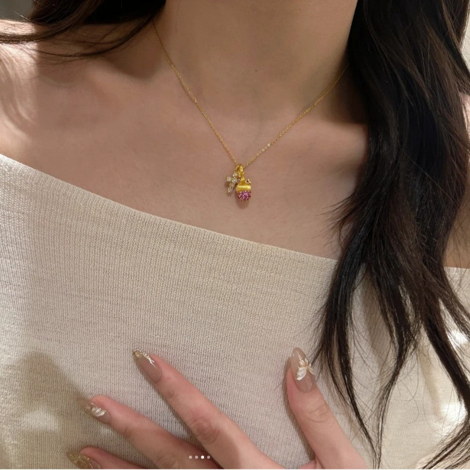 “Blush Pine Charm” S925 Sterling Silver Pink Pinecone Pendant Necklace