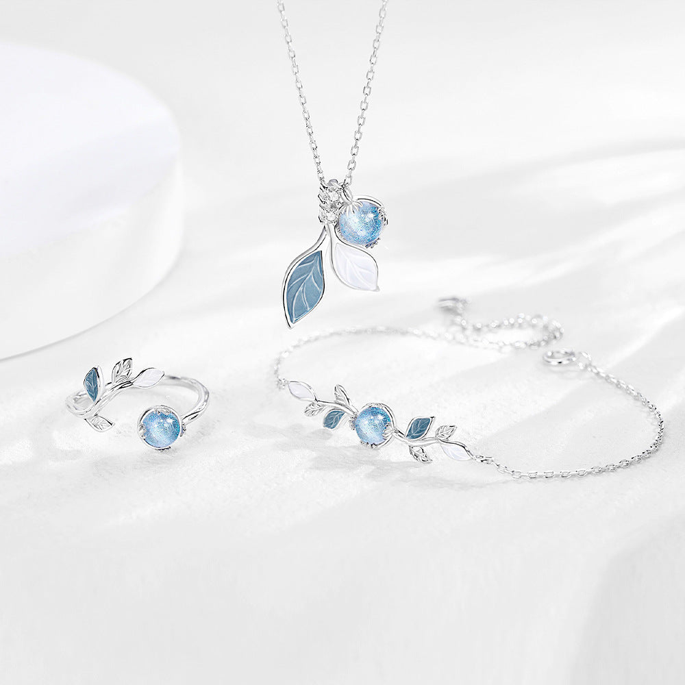 “Azure Forest Glow” 925 Sterling Silver Blue Glass Leaf Jewelry Set