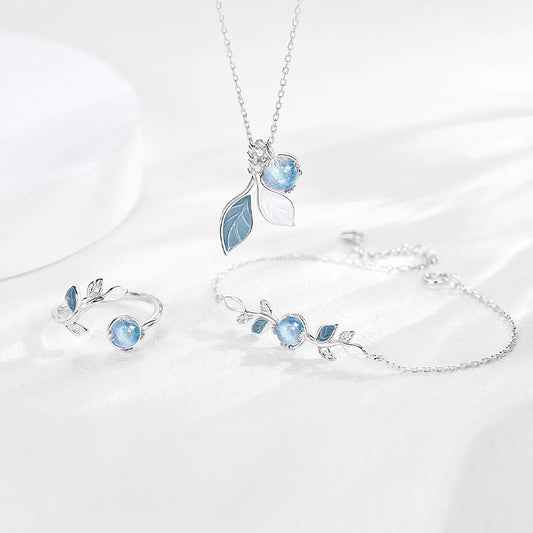 “Azure Forest Glow” 925 Sterling Silver Blue Glass Leaf Jewelry Set
