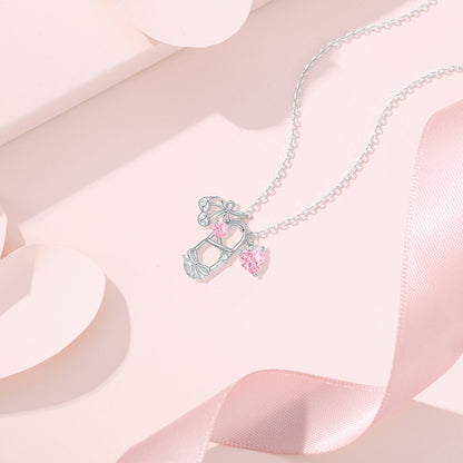 “Ballet Whimsy” S925 Sterling Silver Pink Crystal Ballet Charm Necklace