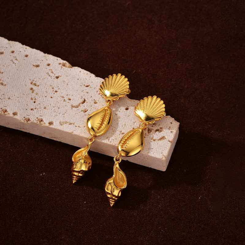 "Golden Seashell Symphony" 18K Gold-Plated 925 Sterling Silver Drop Earrings