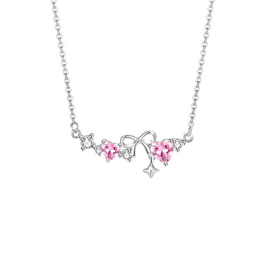 "Romantic Heartbeat" 925 Sterling Silver Pink Heart Bow Necklace – Delicate & Gift-Ready