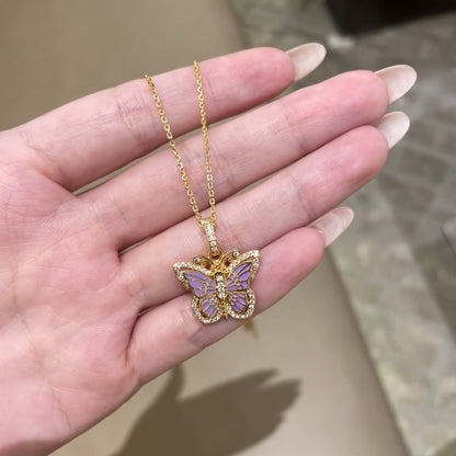 “Lavender Monarch” S925 Sterling Silver Gold Plated Enamel Butterfly Necklace