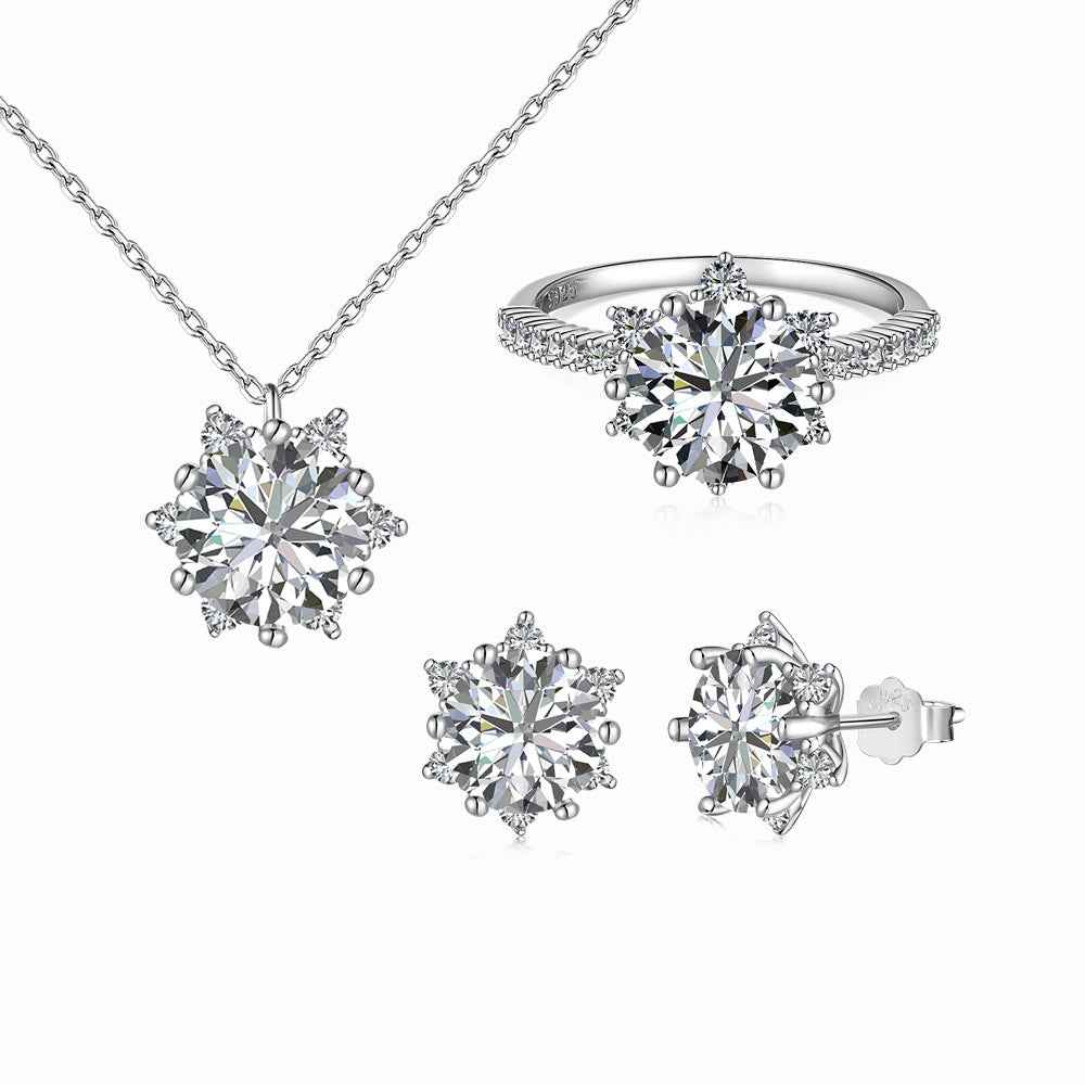 “Camellia Lumière” S925 Sterling Silver Pavé Camellia Jewelry Set (Necklace, Earrings & Ring)