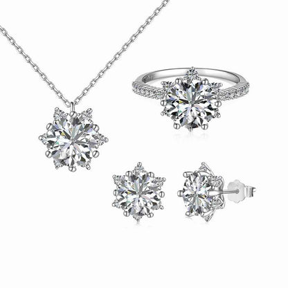 “Camellia Lumière” S925 Sterling Silver Pavé Camellia Jewelry Set (Necklace, Earrings & Ring)