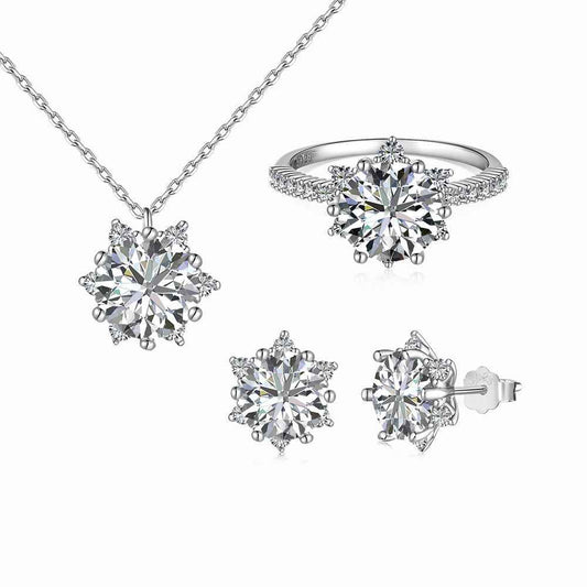 “Camellia Lumière” S925 Sterling Silver Pavé Camellia Jewelry Set (Necklace, Earrings & Ring)