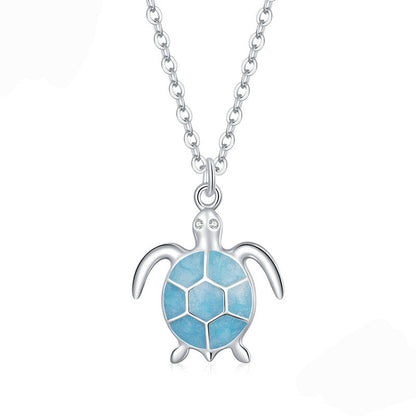 “Azure Turtle” S925 Sterling Silver Blue Enamel Sea Turtle Necklace