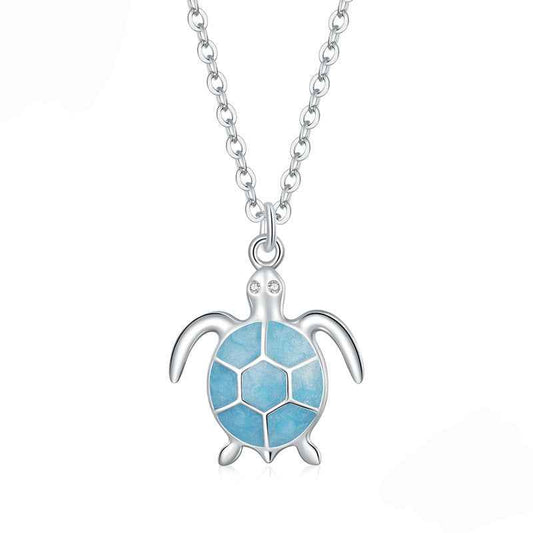 “Azure Turtle” S925 Sterling Silver Blue Enamel Sea Turtle Necklace
