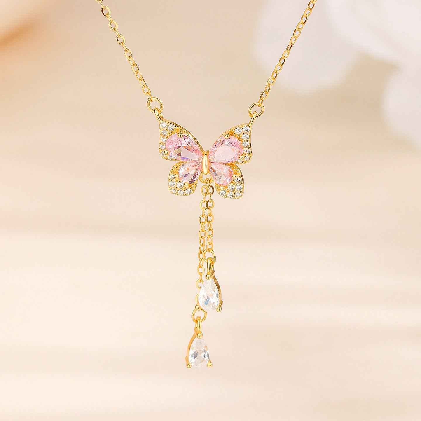 “Blush Flutter” 925 Sterling Silver Pink Butterfly Tassel Necklace