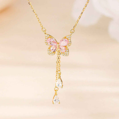 “Blush Flutter” 925 Sterling Silver Pink Butterfly Tassel Necklace