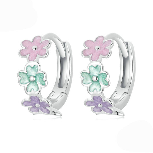 “Pastel Bloom” S925 Sterling Silver Colorful Floral Huggie Earrings