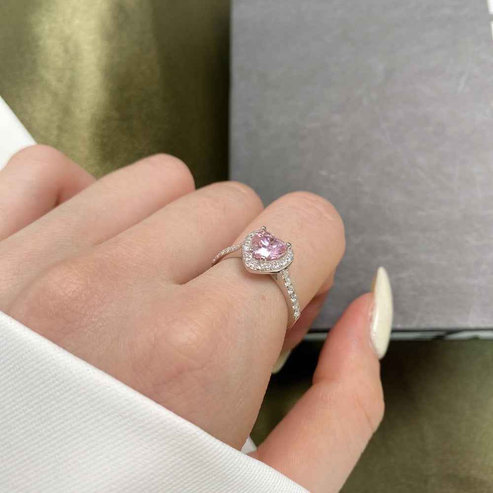 “Halo Blossom Heart” 925 Sterling Silver Pink Heart Halo Ring