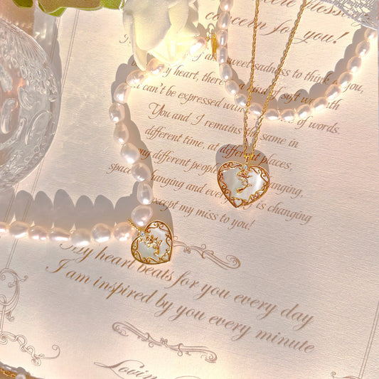 “Rose Reverie” S925 Sterling Silver Mother-of-Pearl Rose Pearl Jewelry Set (Necklace & Bracelet)